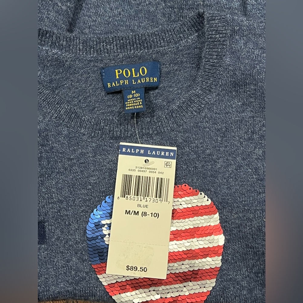Polo Ralph Lauren Sweater Girls Blue I Heart USA flag Polo Pullover Size M 8-10 - Picture 11 of 13